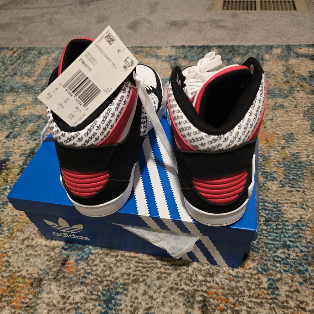 White, black and red Hardcourt adidas fit a a woman's 8